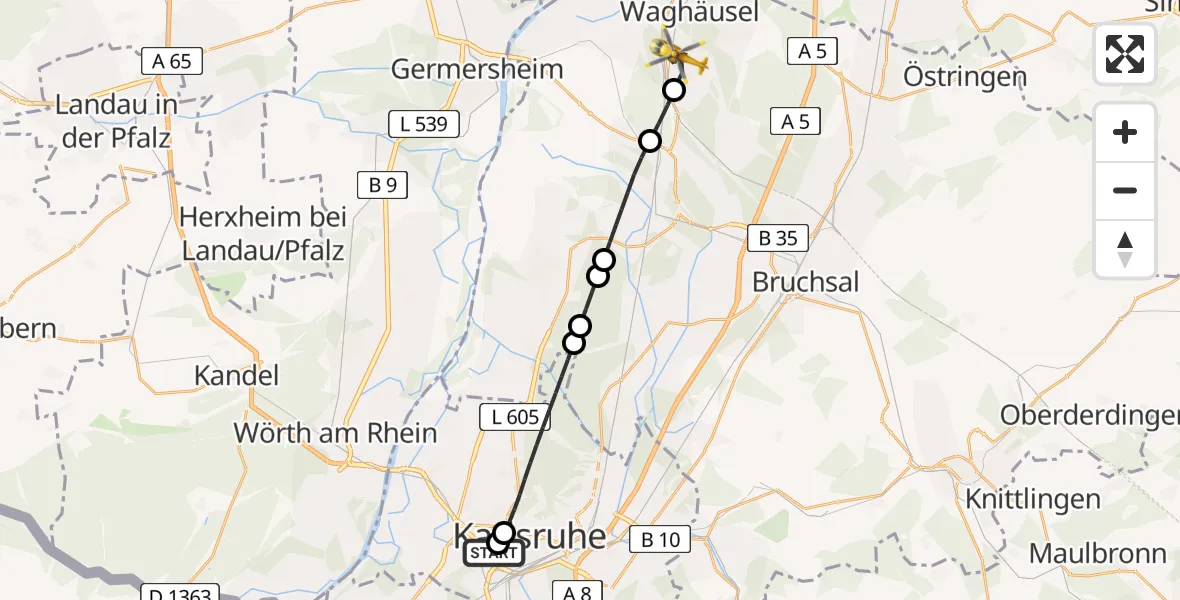 Flugroute Ambulanzhubschrauber Sankt Vincentius Hospital - Waghäusel, 09 Juli 2026, 09:02