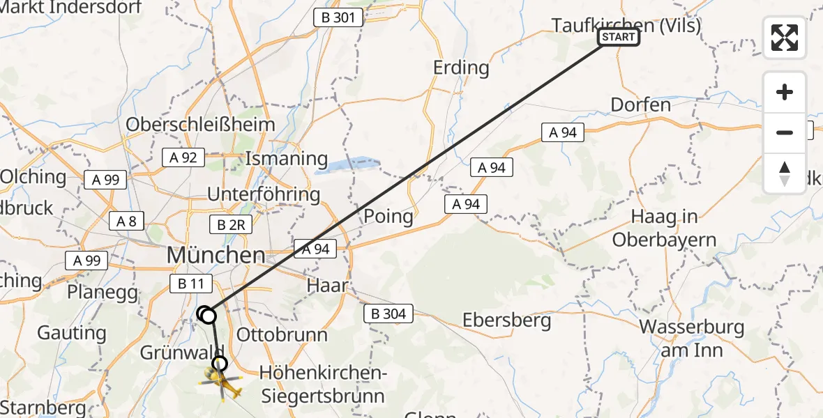Flugroute Rettungshubschrauber Taufkirchen (Vils) - Oberhaching, 09 Juli 2026, 09:03