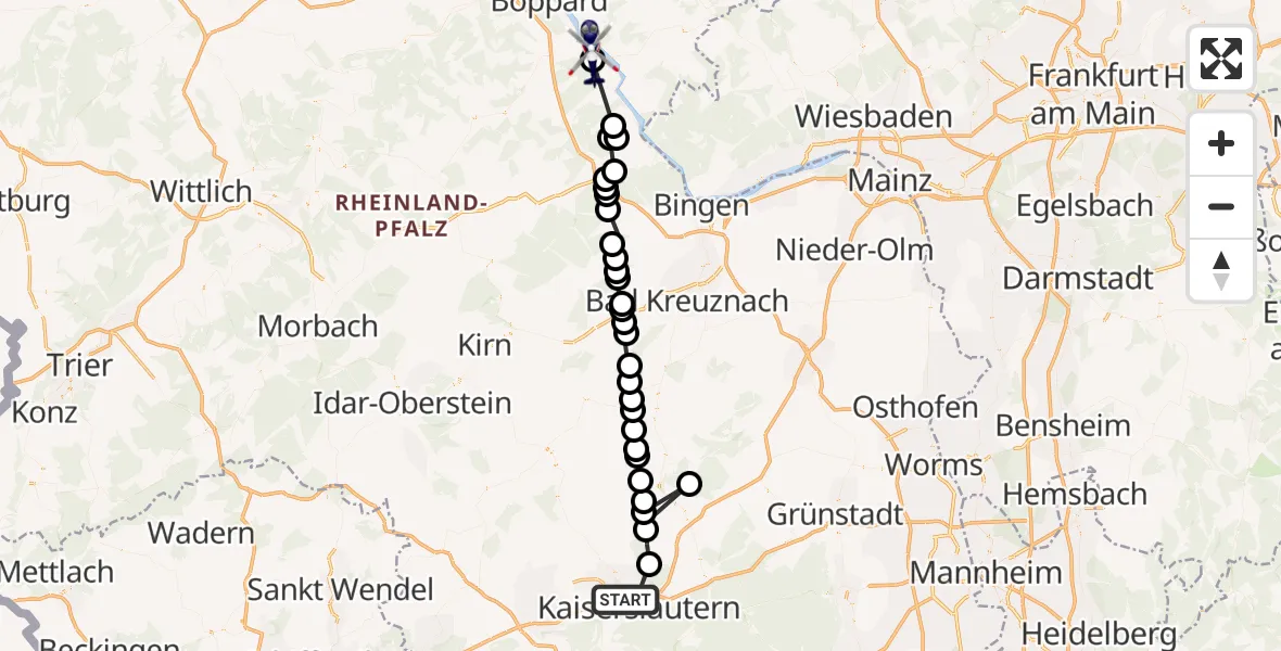 Flugroute Polizeihubschrauber Kaiserslautern - Sankt Goar, 09 Juli 2026, 09:08