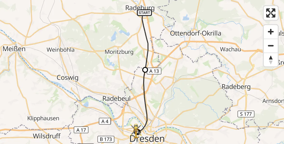 Flugroute Rettungshubschrauber Radeburg - Dresden Friedrichstadt Hospital, 09 Juli 2026, 09:10