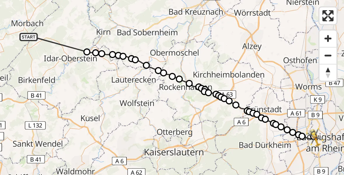 Flugroute Rettungshubschrauber Wirschweiler - Ludwigshafen Accident Hospital Hubschrauberlandeplatz, 09 Juli 2026, 09:10
