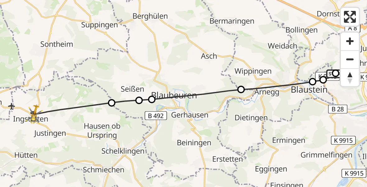 Flugroute Rettungshubschrauber Ulm Military Hospital Emergency - Schelklingen, 09 Juli 2026, 09:12