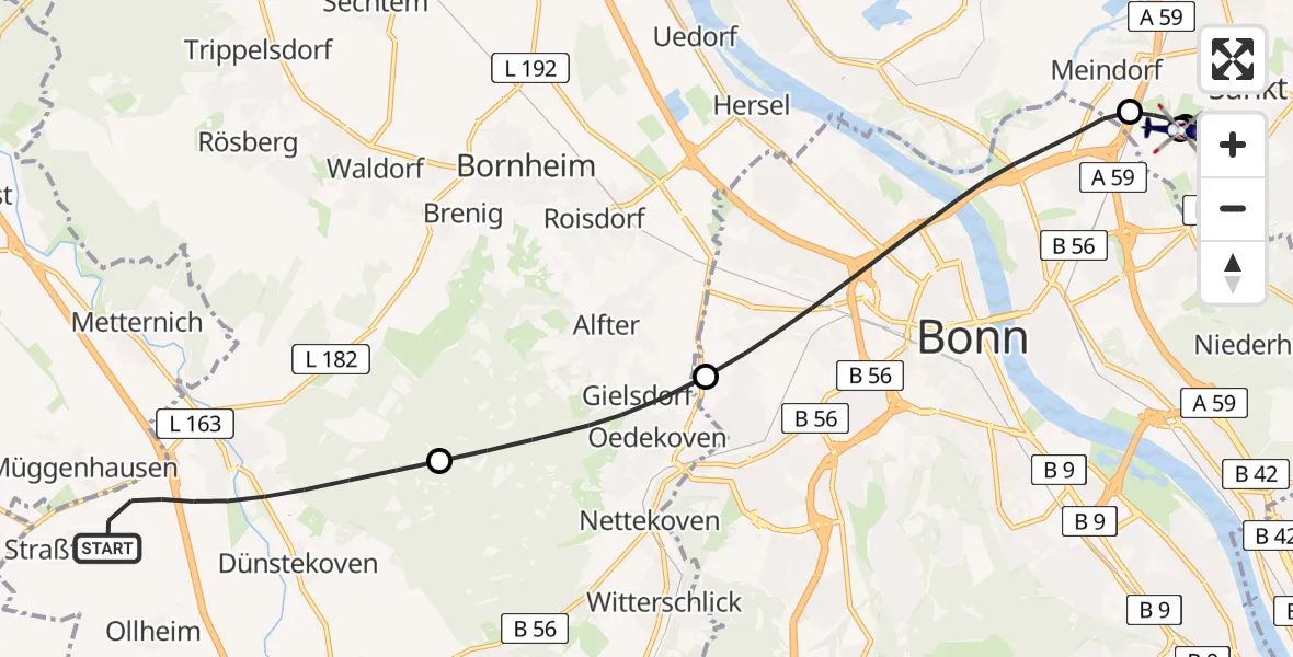 Flugroute Polizeihubschrauber Swisttal - Sankt Augustin, 09 Juli 2026, 09:12