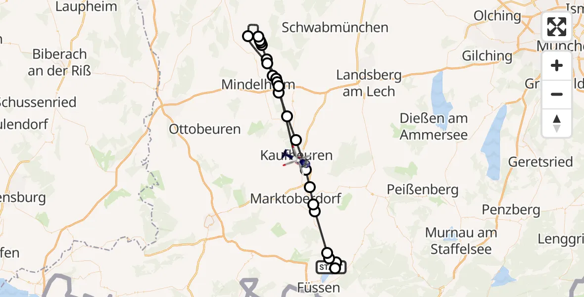 Flugroute Polizeihubschrauber Schwangau - Kaufbeuren, 09 Juli 2026, 09:16