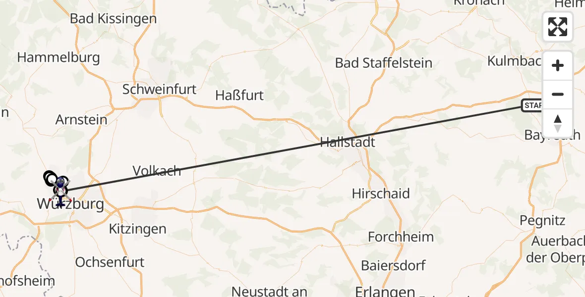 Flugroute Polizeihubschrauber Neudrossenfeld - Würzburg-Schenkenturm Flugplatz, 09 Juli 2026, 09:16