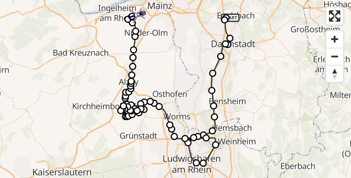 Flugroute Polizeihubschrauber Flughafen Frankfurt-Egelsbach - Mainz-Finthen Flugplatz, 09 Juli 2026, 09:17