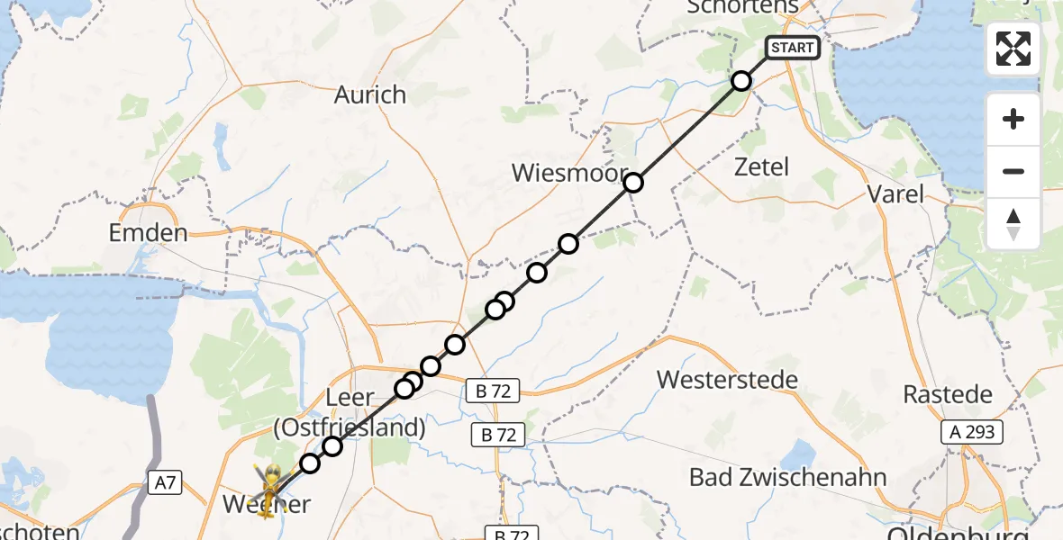 Flugroute Rettungshubschrauber Sande - Weener, 09 Juli 2026, 09:23