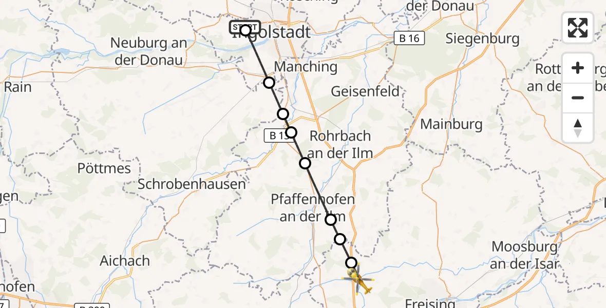 Flugroute Rettungshubschrauber Ingolstadt Hospital - Allershausen, 09 Juli 2026, 09:23