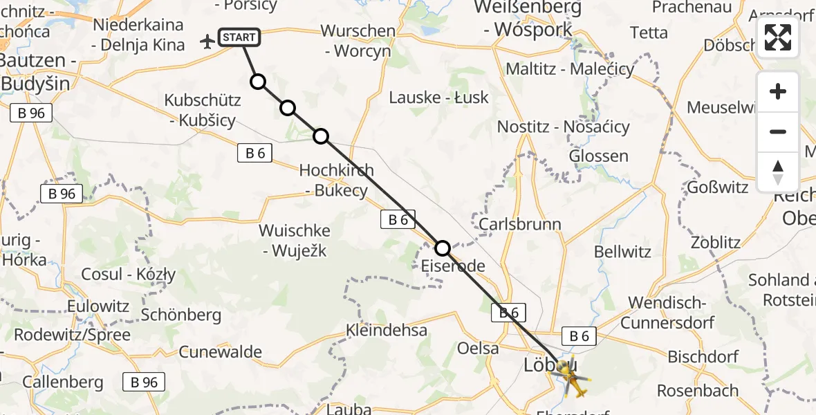 Flugroute Rettungshubschrauber Bautzen Flugplatz - Löbau, 09 Juli 2026, 09:23