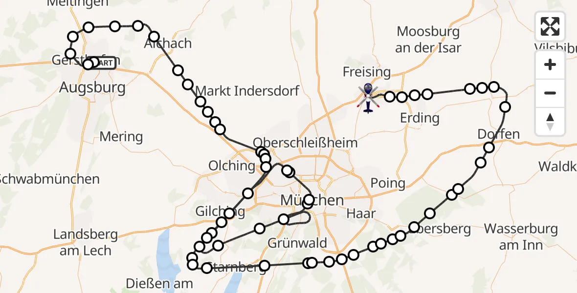 Flugroute Polizeihubschrauber Augsburg Flughafen - München Flughafen, 09 Juli 2026, 09:25