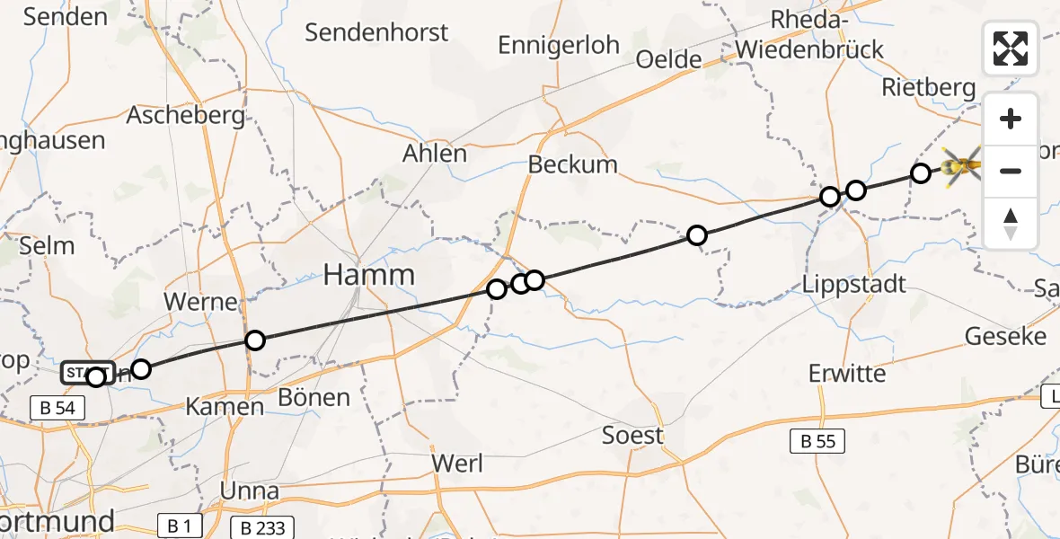 Flugroute Rettungshubschrauber Sankt Marien Hospital - Delbrück, 09 Juli 2026, 09:26