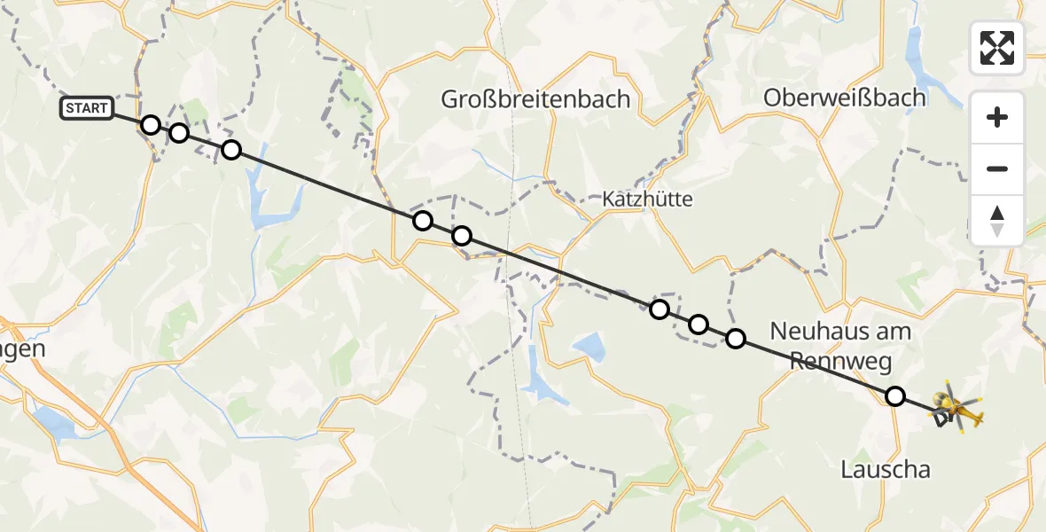 Flugroute Rettungshubschrauber Schleusingen - Lauscha, 09 Juli 2026, 09:26