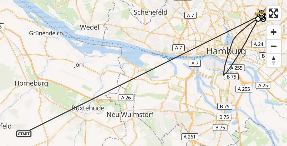 Flugroute Rettungshubschrauber Harsefeld - Hamburg Bundeswehrkrankenhaus Hubschrauberlandeplatz, 09 Juli 2026, 09:27