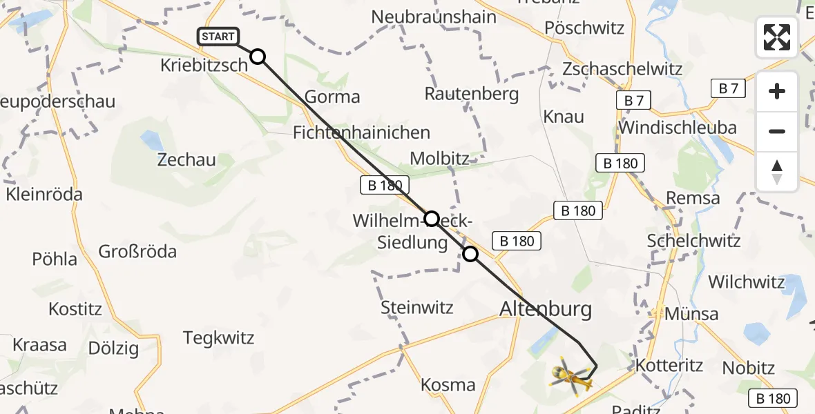 Flugroute Rettungshubschrauber Kriebitzsch - Altenburg, 09 Juli 2026, 09:29