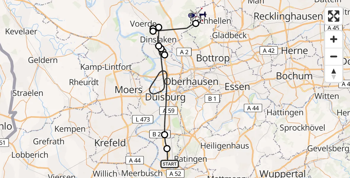 Flugroute Polizeihubschrauber Düsseldorf Flughafen - Bottrop, 09 Juli 2026, 09:33