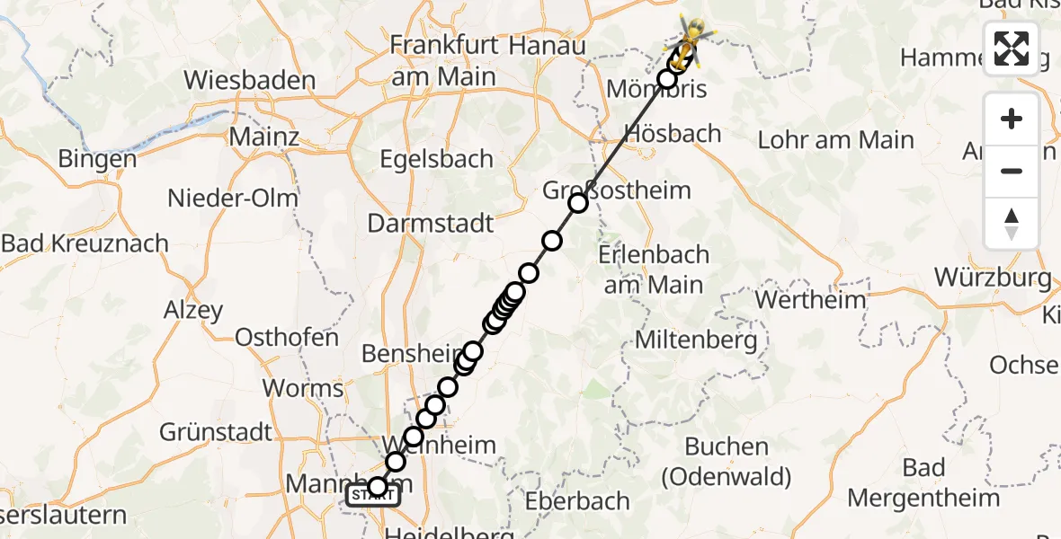 Flugroute Rettungshubschrauber Mannheim-City Flughafen - Westerngrund, 09 Juli 2026, 09:34