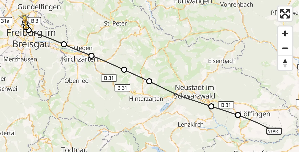 Flugroute Rettungshubschrauber Löffingen - Freiburg im Breisgau Flugplatz, 09 Juli 2026, 09:34