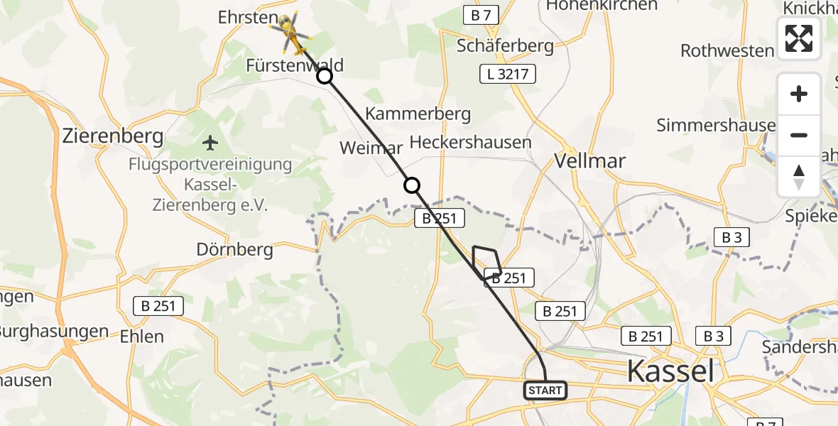 Flugroute Rettungshubschrauber Kassel - Calden, 09 Juli 2026, 09:35