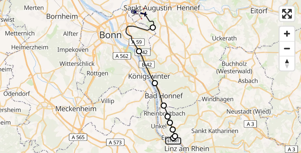 Flugroute Polizeihubschrauber Remagen - Bonn-Hangelar Flugplatz, 09 Juli 2026, 09:35