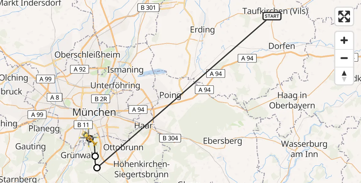 Flugroute Rettungshubschrauber Taufkirchen (Vils) - ADAC Air Rescue Center Hubschrauberlandeplatz (Christoph 1), 09 Juli 2026, 09:39