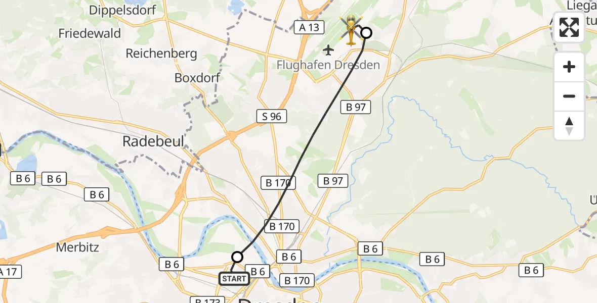 Flugroute Rettungshubschrauber Dresden Friedrichstadt Hospital - Dresden Bundespolizei Hubschrauberlandeplatz, 09 Juli 2026, 09:40