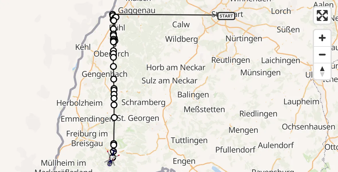 Flugroute Polizeihubschrauber Stuttgart - Hinterzarten, 09 Juli 2026, 09:44
