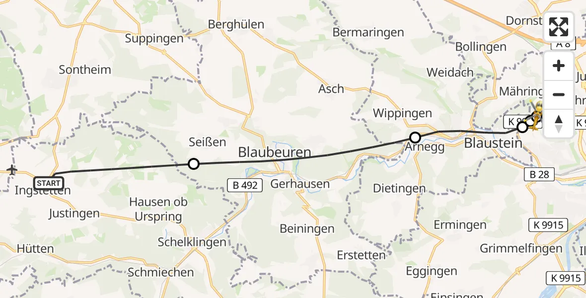 Flugroute Rettungshubschrauber Schelklingen - Ulm Military Hospital Emergency, 09 Juli 2026, 09:46