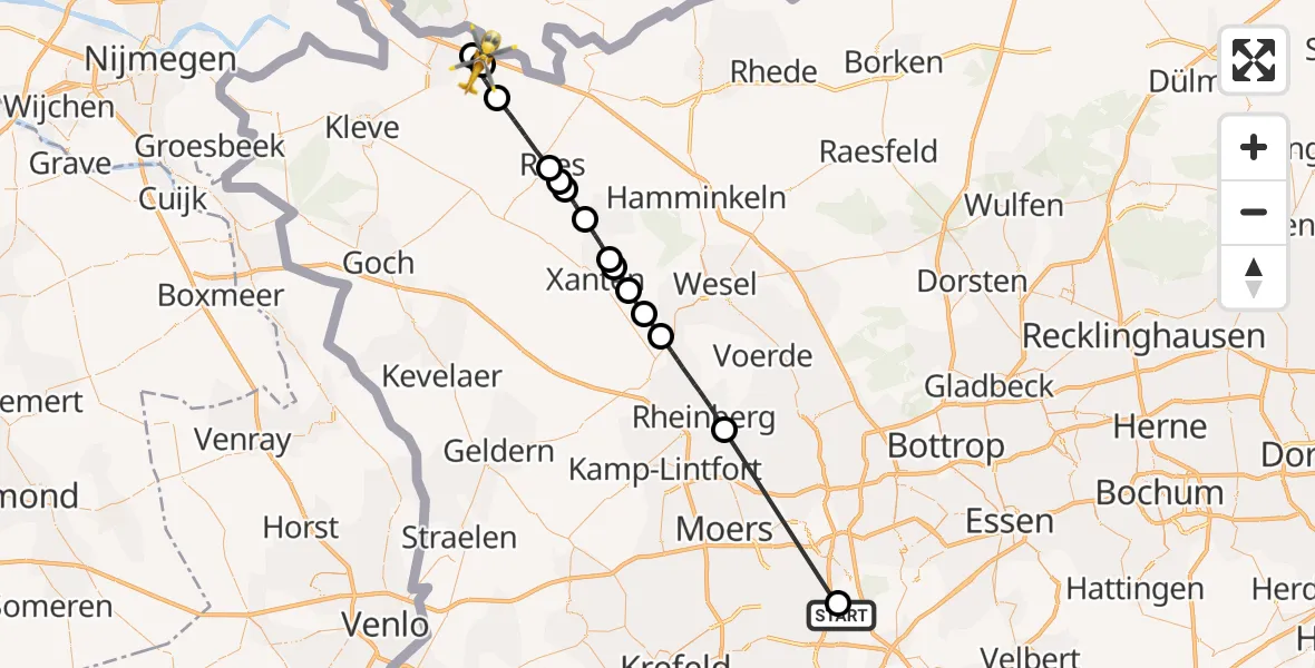 Flugroute Rettungshubschrauber Duisburg Air Rescue Hubschrauberlandeplatz (Christoph 9) - Emmerich am Rhein, 09 Juli 2026, 09:52