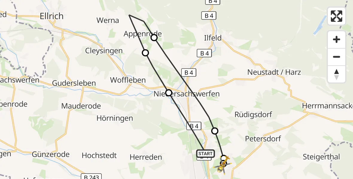 Flugroute Rettungshubschrauber Nordhausen - Südharz Hospital Nordhausen, 09 Juli 2026, 09:59