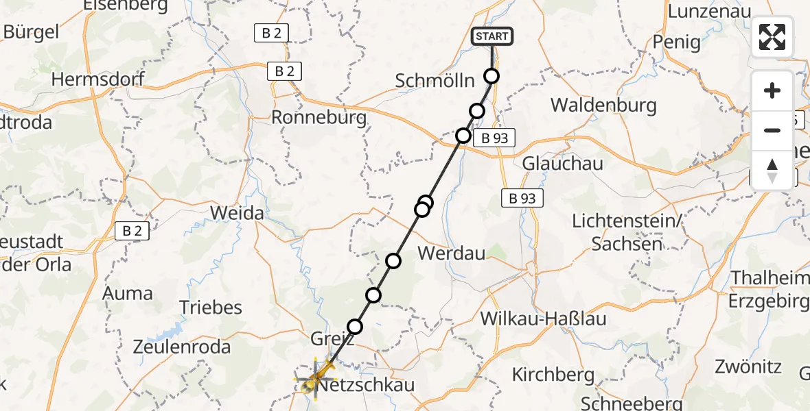 Flugroute Rettungshubschrauber Nobitz - Greiz, 09 Juli 2026, 09:59