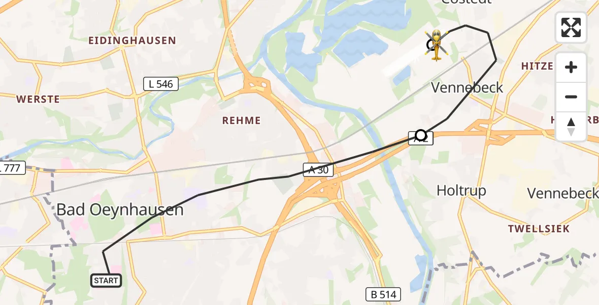 Flugroute Rettungshubschrauber Bad Oeynhausen - Porta Westfalica Flugplatz, 09 Juli 2026, 10:00