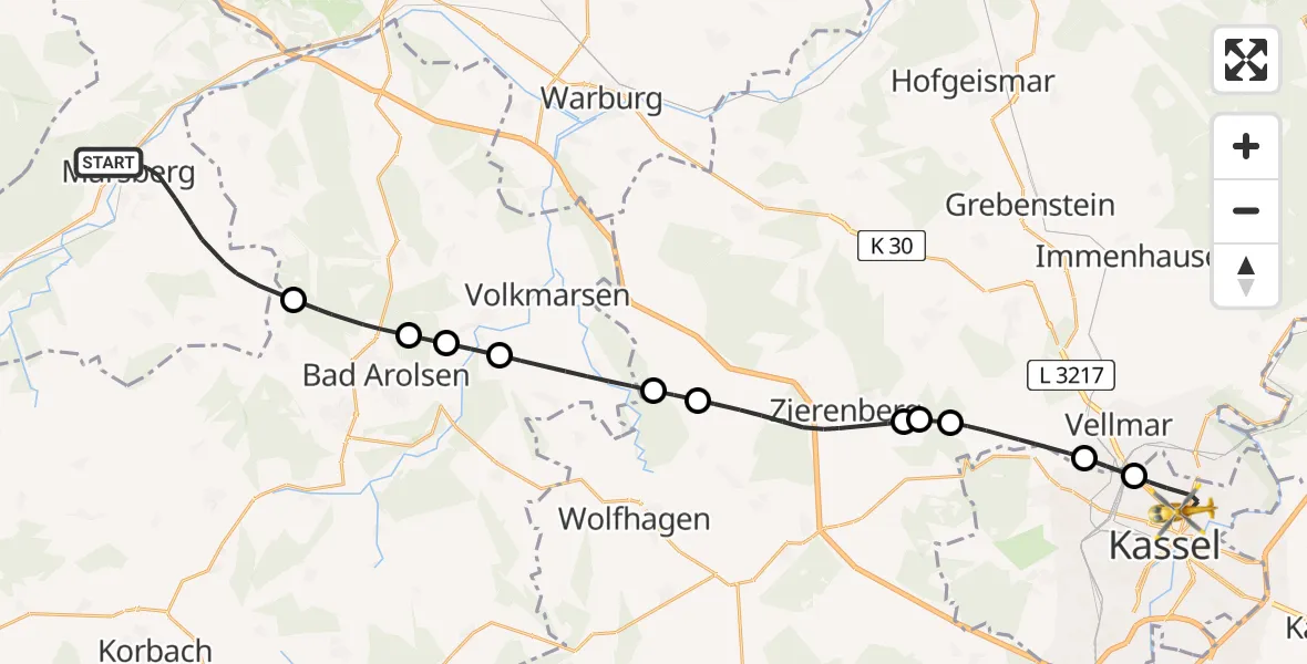 Flugroute Ambulanzhubschrauber Marsberg - Kassel, 09 Juli 2026, 10:00