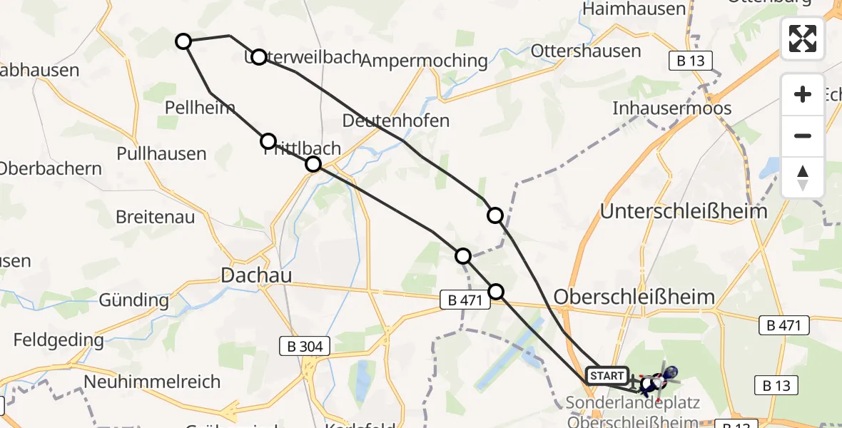 Flugroute Polizeihubschrauber Oberschleißheim - Oberschleissheim Hubschrauberlandeplatz, 09 Juli 2026, 10:01