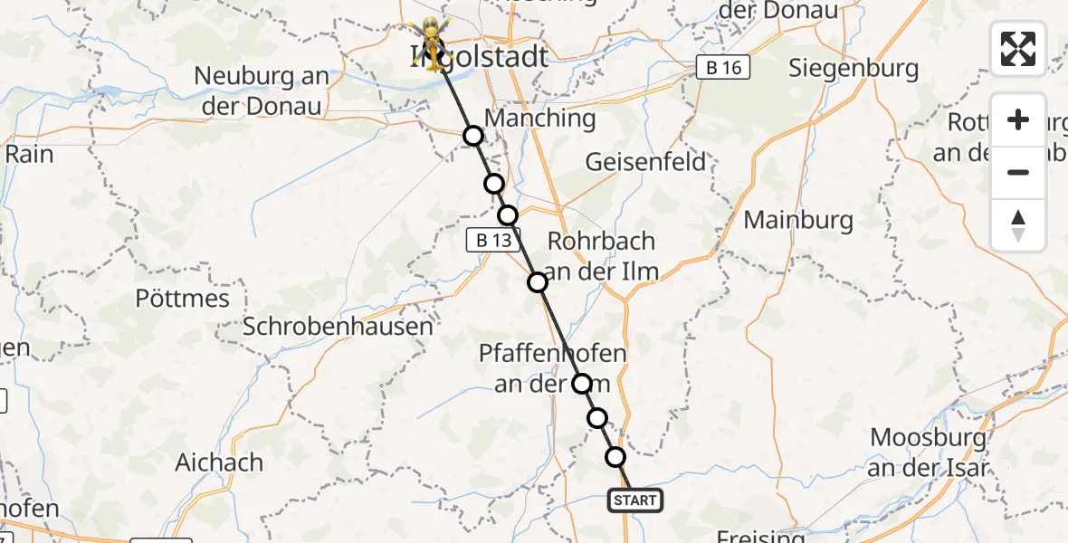 Flugroute Rettungshubschrauber Allershausen - Ingolstadt Hospital, 09 Juli 2026, 10:02