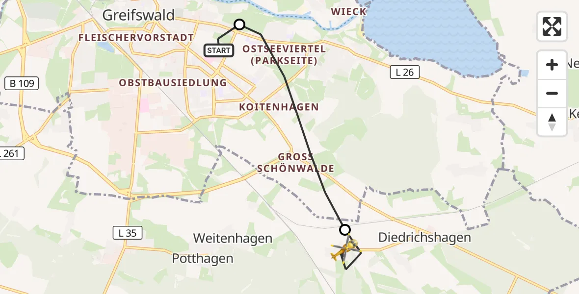 Flugroute Rettungshubschrauber Greifswald Hospital - Weitenhagen, 09 Juli 2026, 10:04