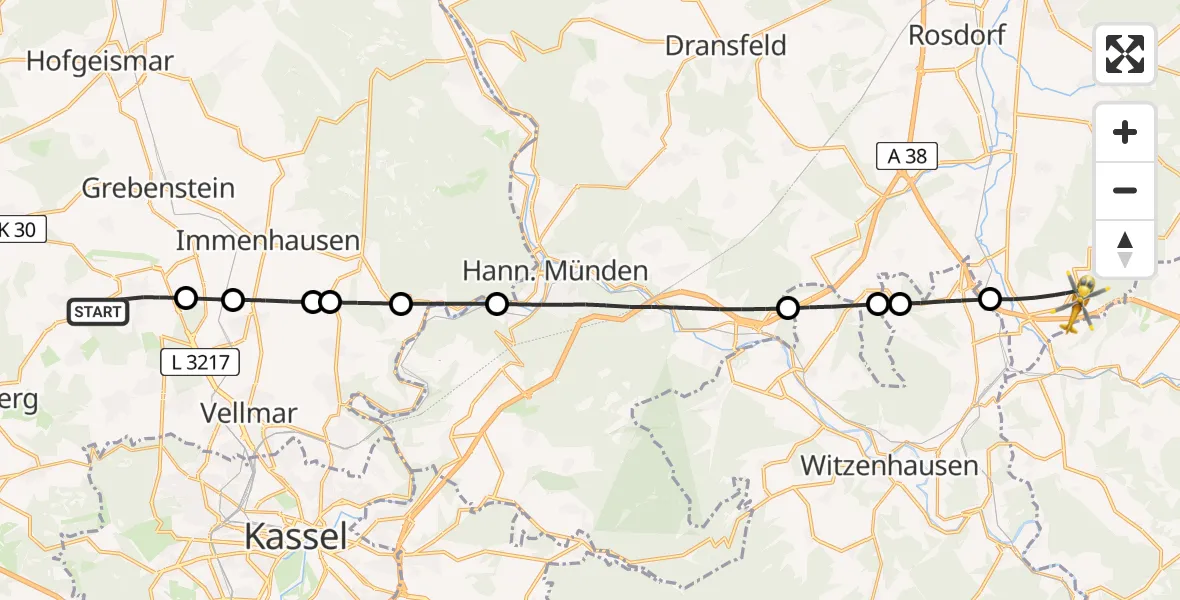 Flugroute Rettungshubschrauber Calden - Friedland, 09 Juli 2026, 10:04