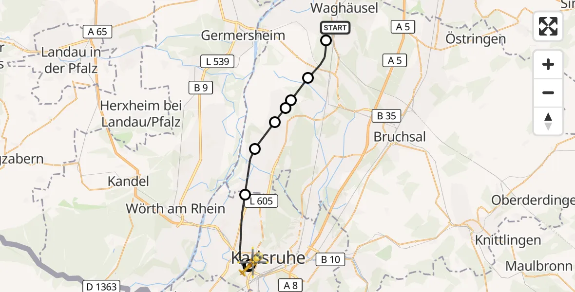 Flugroute Ambulanzhubschrauber Waghäusel - Sankt Vincentius Hospital, 09 Juli 2026, 10:09