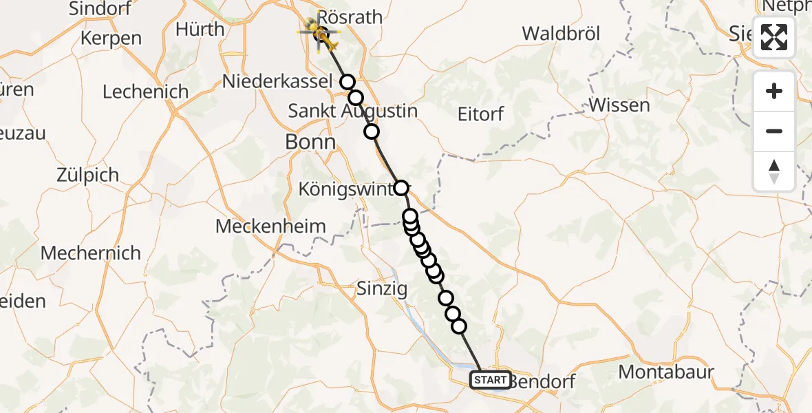 Flugroute Ambulanzhubschrauber Neuwied - Köln Bonn Flughafen, 09 Juli 2026, 10:12