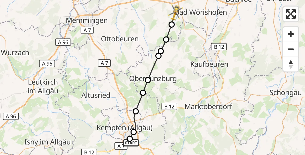 Flugroute Rettungshubschrauber Kempten-Durach Flugplatz - Dirlewang, 09 Juli 2026, 10:17