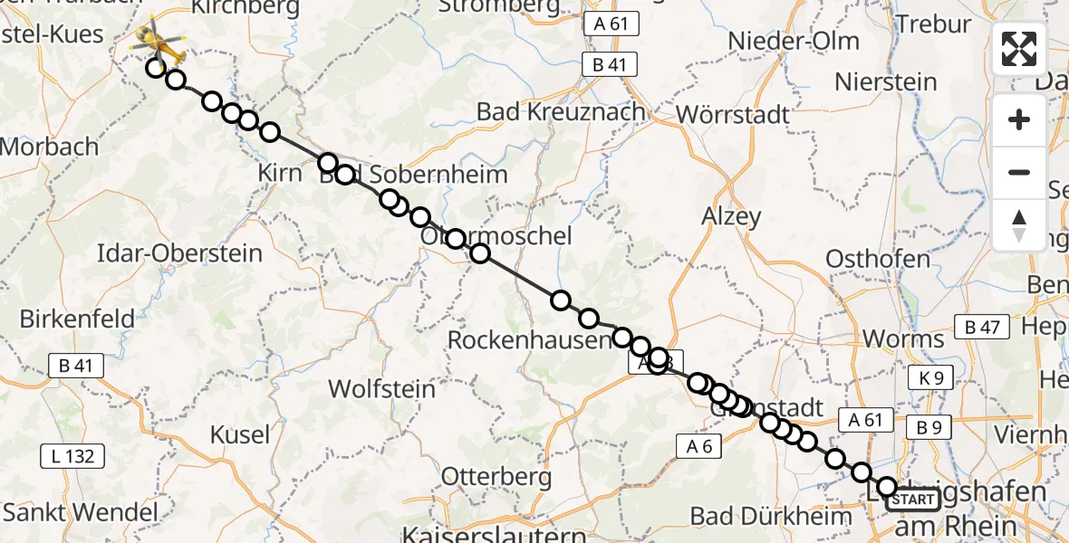 Flugroute Rettungshubschrauber Ludwigshafen am Rhein - Niederweiler, 09 Juli 2026, 10:16