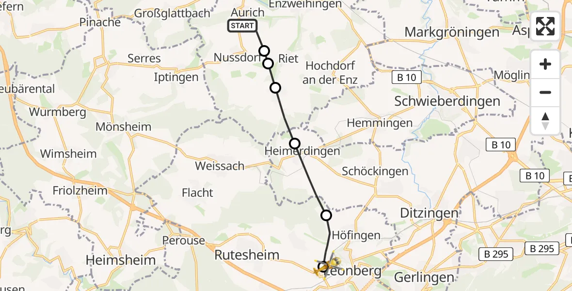 Flugroute Rettungshubschrauber Vaihingen an der Enz - Leonberg Hospital, 09 Juli 2026, 10:19