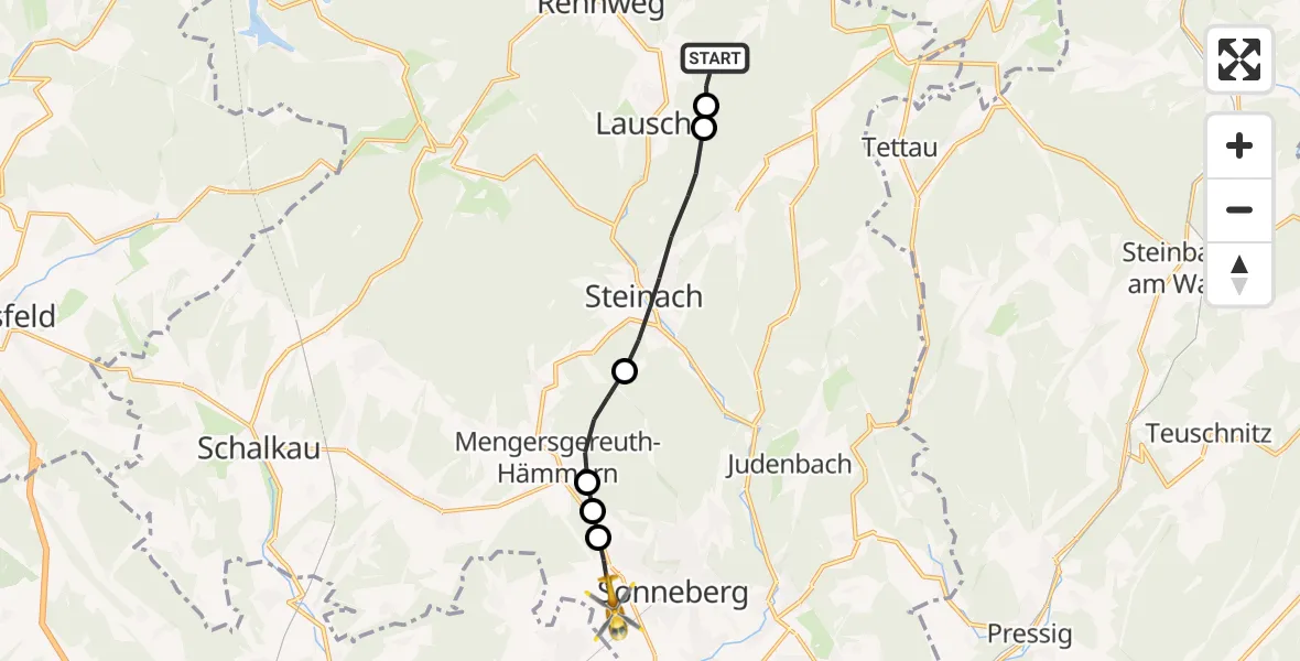Flugroute Rettungshubschrauber Lauscha - Sonneberg, 09 Juli 2026, 10:20