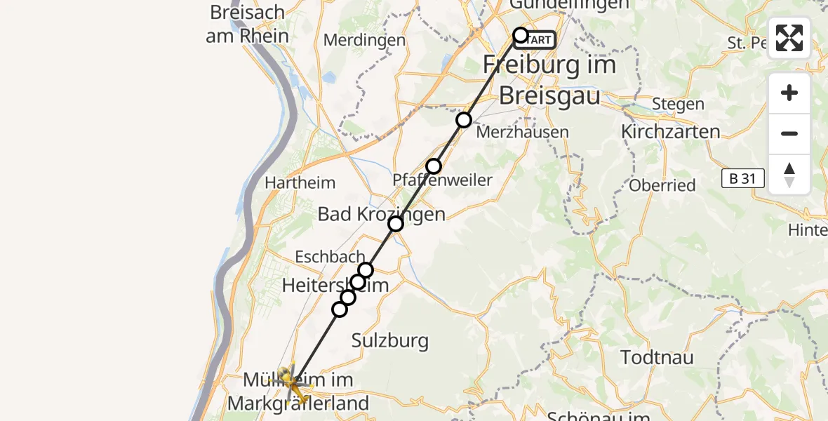 Flugroute Rettungshubschrauber Freiburg im Breisgau Flugplatz - Müllheim im Markgräflerland, 09 Juli 2026, 10:21
