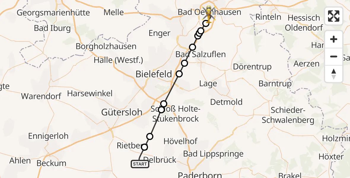 Flugroute Rettungshubschrauber Delbrück - Bad Oeynhausen, 09 Juli 2026, 10:22
