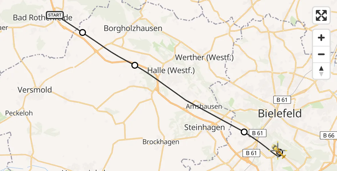 Flugroute Rettungshubschrauber Dissen am Teutoburger Wald - Luftrettungszentrum Bielefeld, 09 Juli 2026, 10:24