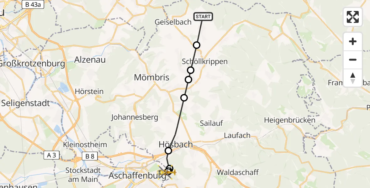 Flugroute Rettungshubschrauber Westerngrund - Aschaffenburg Hospital, 09 Juli 2026, 10:31
