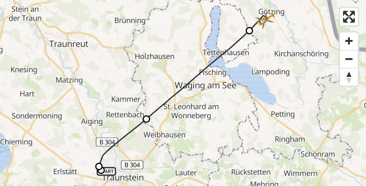 Flugroute Rettungshubschrauber Traunstein Hospital - Fridolfing, 09 Juli 2026, 10:36