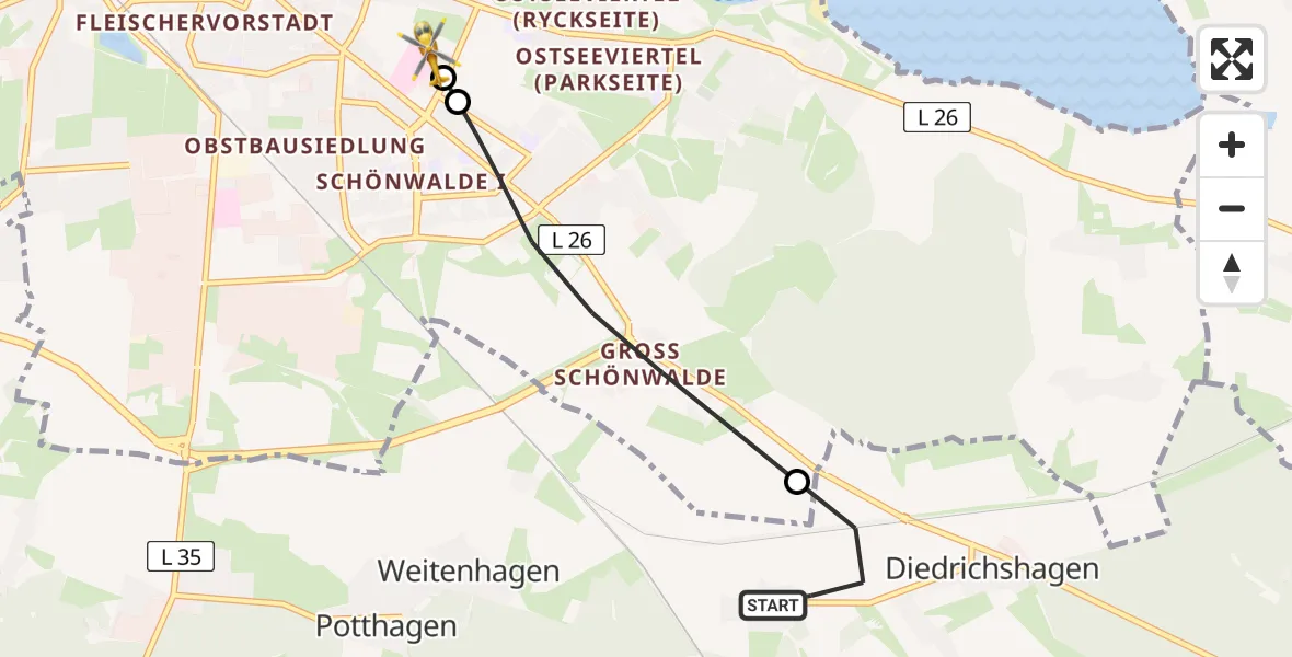Flugroute Rettungshubschrauber Weitenhagen - Greifswald Hospital, 09 Juli 2026, 10:39