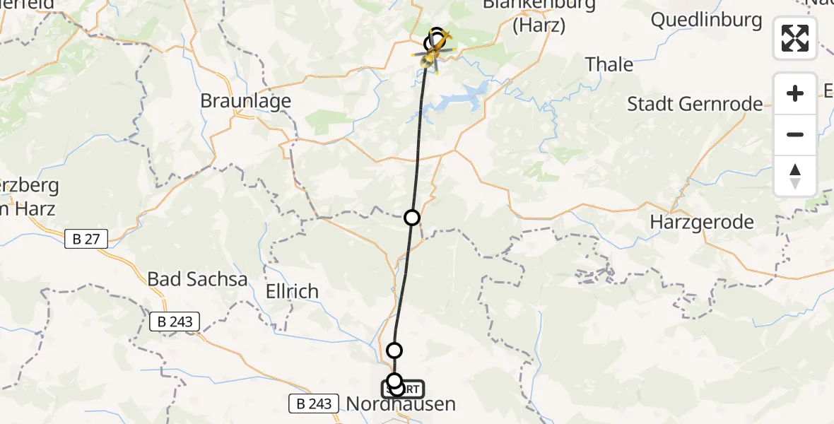 Flugroute Rettungshubschrauber Südharz Hospital Nordhausen - Oberharz am Brocken, 09 Juli 2026, 10:43