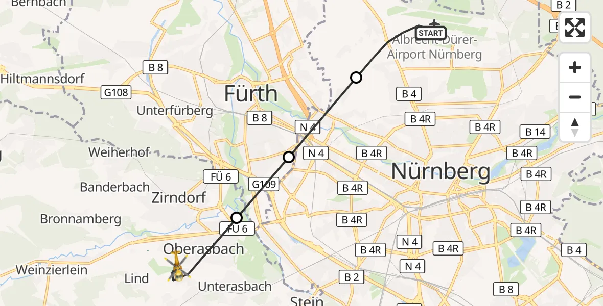 Flugroute Ambulanzhubschrauber Flughafen Nuremberg - Oberasbach, 09 Juli 2026, 10:44